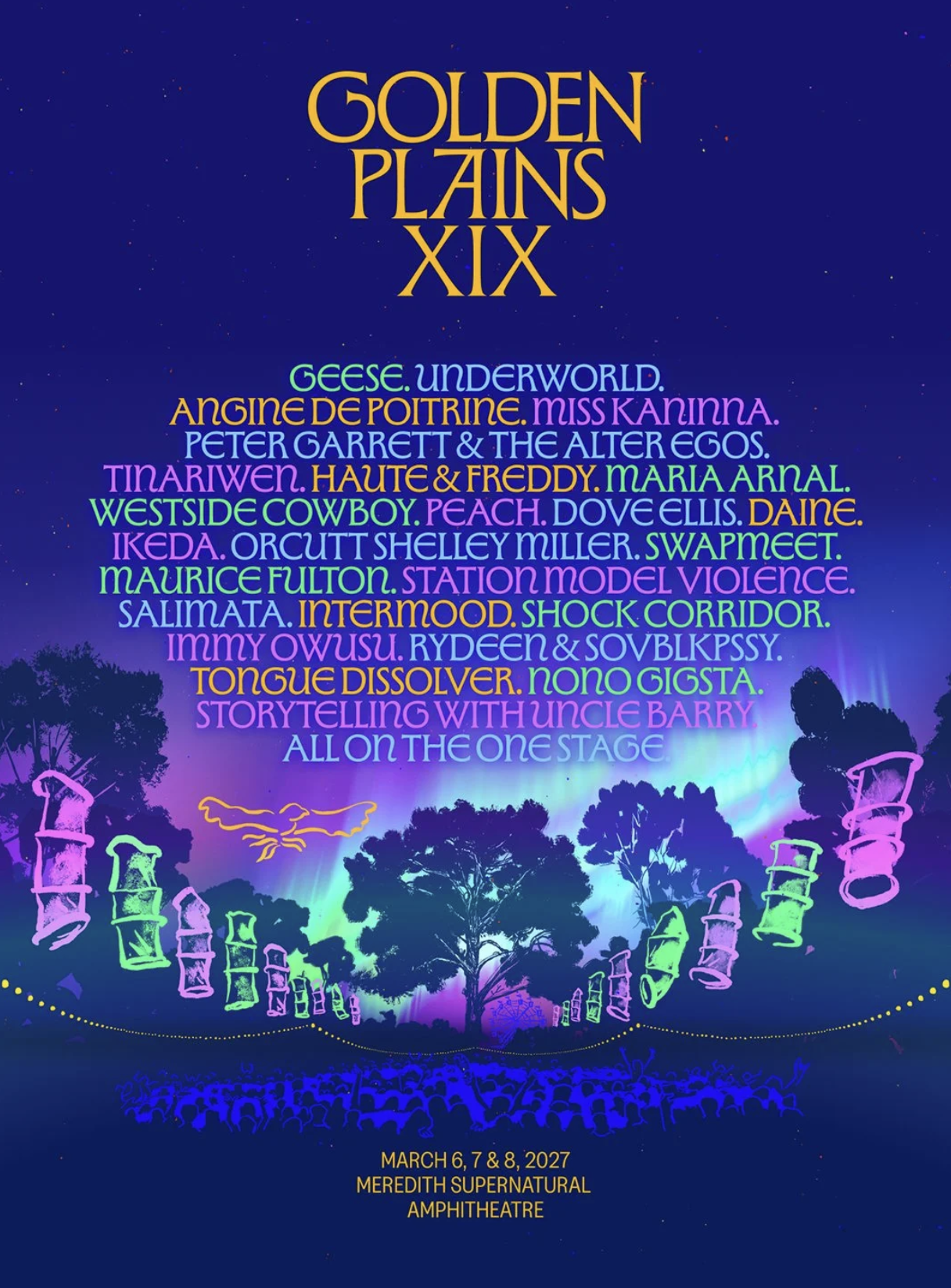 Golden Plains XIX festival lineup poster featuring Underworld, Geese, and Peter Garrett set against colorful outdoor artwork and March dates.